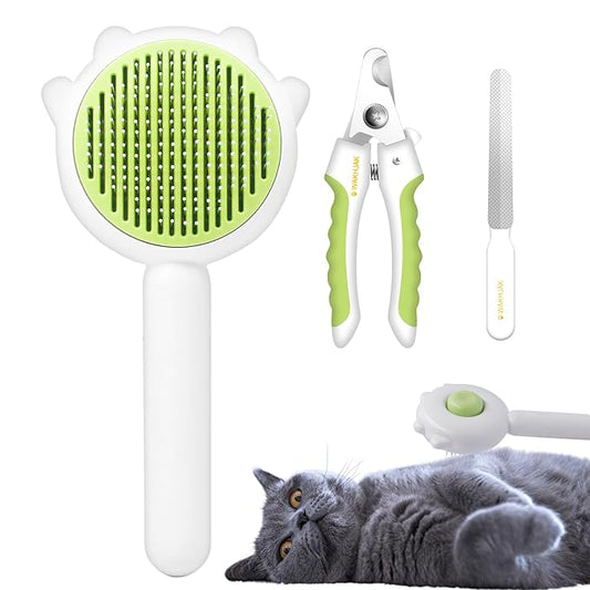Cat and Dog Grooming Brush - Pet Hair Cleaner With Release Button, Self-Cleaning Massager for Short & Long Haired Cats and Dogs (Green)