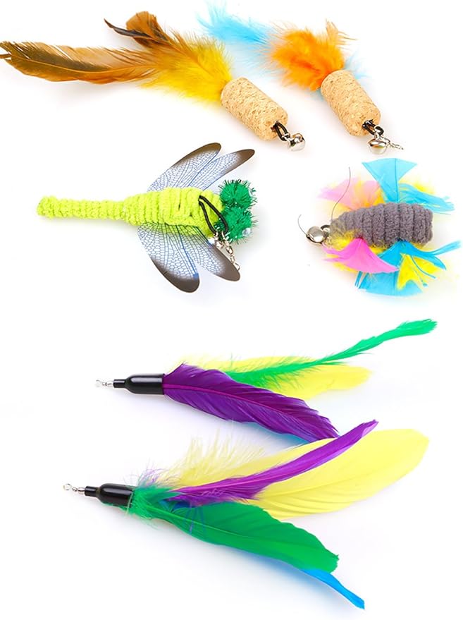 Cat Feather Toys Set, Cat Retractable Teaser Wand Toy, Interactive Cat Chaser Toy for Exercising Kitten or Cat, Included 2 Refills Feathers CT15-8 Cork Colorful Feather