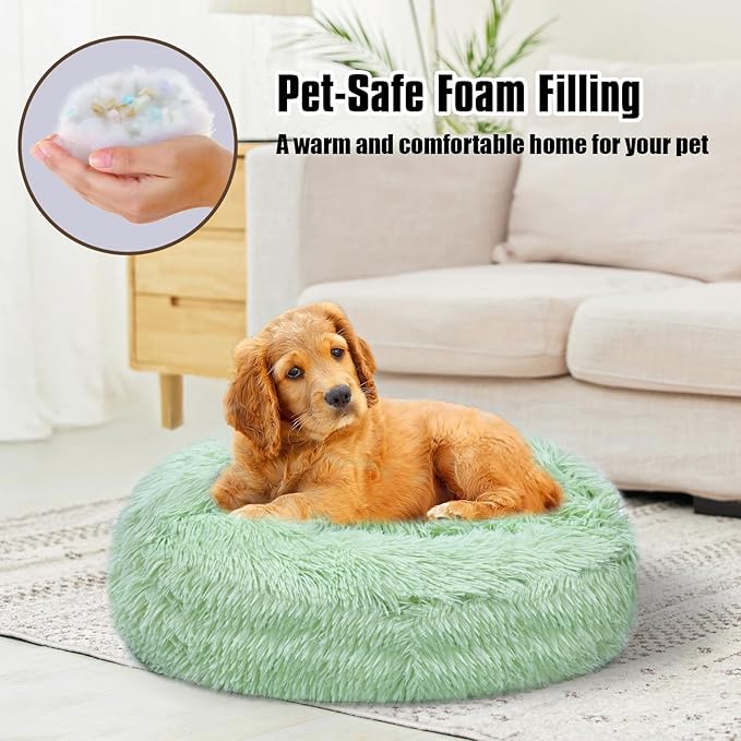 Calming Dog Beds & Cat Cave Bed with Hooded Cover,Washable Round Beds for Small Medium Pets,Anti-Slip Faux Fur Fluffy Coved Bed,Comfortable Warming Pet Bed(20 * 20inch,Green)