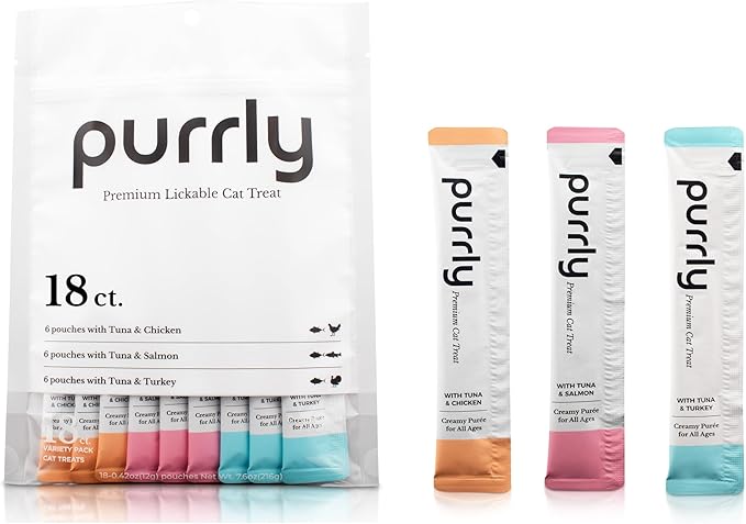 Purrly Cat Treat Snack Wet Lickable Low Calorie Healthy Grain-Free Tuna Variety Packs (18 Count) Squeezable Creamy Purée with Human-Grade Proteins and Functional Nutrients No-Artificial-Additives