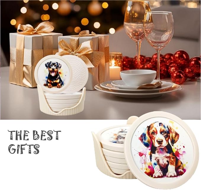 6 Pack Cute Dog Pattern Coasters with Deep Tray Holder, Double Sided Drink Coasters, Beverage Mats for Hot or Cold Drinks, Non-Slip, Non-Stick Silicone with Ceramic Insert Pet Patterned Coaster