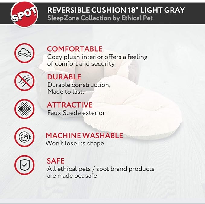 SPOT Sleep Zone Small Pet Bed - High Wall, Reversible Cushion Bed for Indoor Cats & Small Dogs, Durable Faux Suede, Machine Washable for Pets Under 10lbs and 15 inches Long - 18x16in, Light Grey