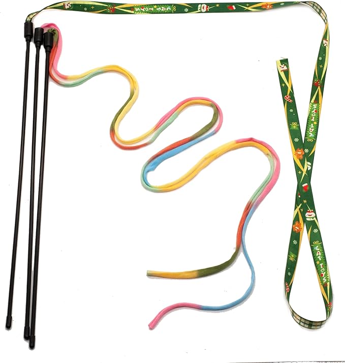 Fashion's Talk Cat Wand Interactive Fabric Teaser Wand Kitten, Christmas Ribbons Wand Rainbow Teaser Toys for Indoor Cats Kitty Colorful Cat Teaser Wand