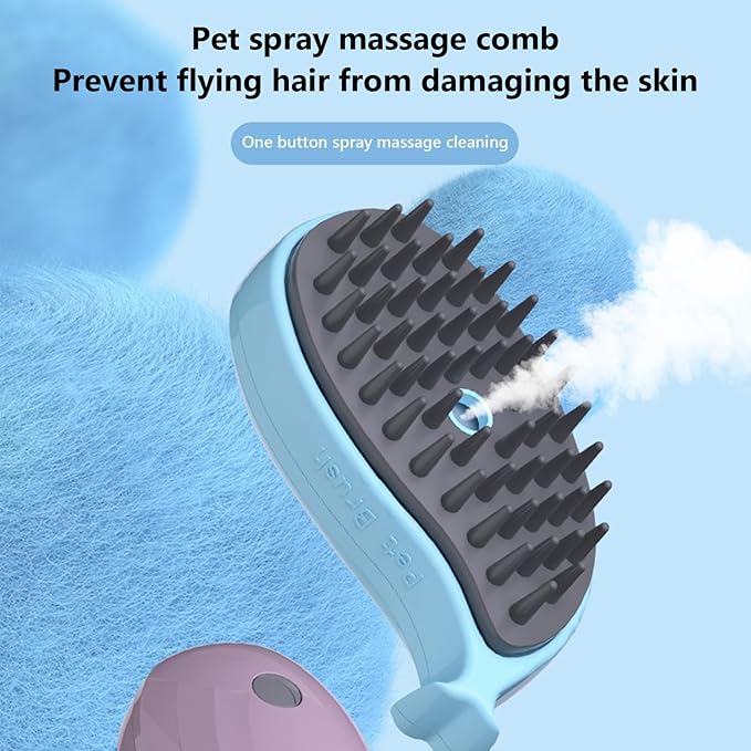 3 in 1 Silicone Grooming Brush for Cats and Dogs - Steamy Massager for Removing Tangles and Loose Hair (Blue)