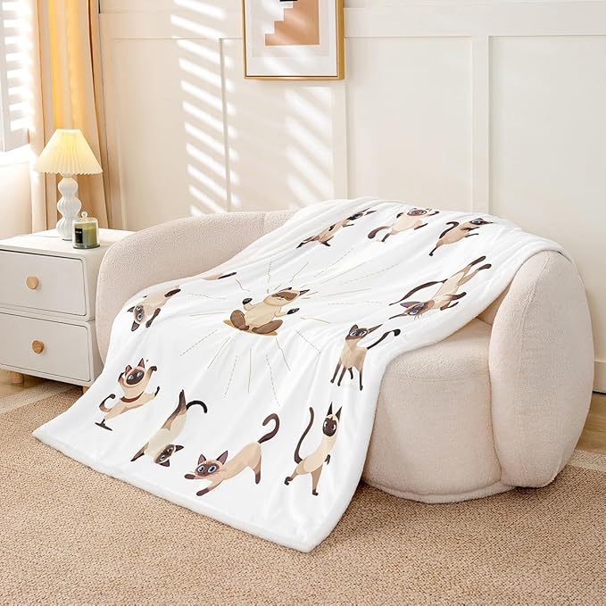 Yoga Cat Sherpa Blanket Siamese Cats Fleece Throw Blanket for Sofa Couch Bed Cute Pet Decor Cartoon Animals Plush Blanket Magical Animal Fuzzy Blanket Twin 60"x80"