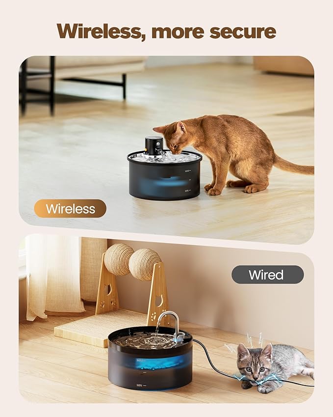 Battery Operated Cat Water Fountain: Wireless Pet Fountain Stainless Steel with Filter - 108oz/3.2L Cordless Cat Dispenser with Motion Sensor Rechargeable Automatic Drinking Fountains for Cats Indoor