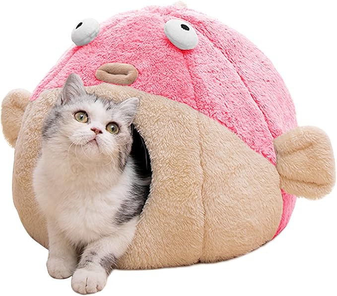 Cat Beds for Indoor Cats - Cat Bed Cave with Removable Washable Cushioned Pillow, Soft Plush Premium Cotton No Deformation Pet Bed, Lively Pufferfish Cat House Design, Pink, Multiple Sizes(S)