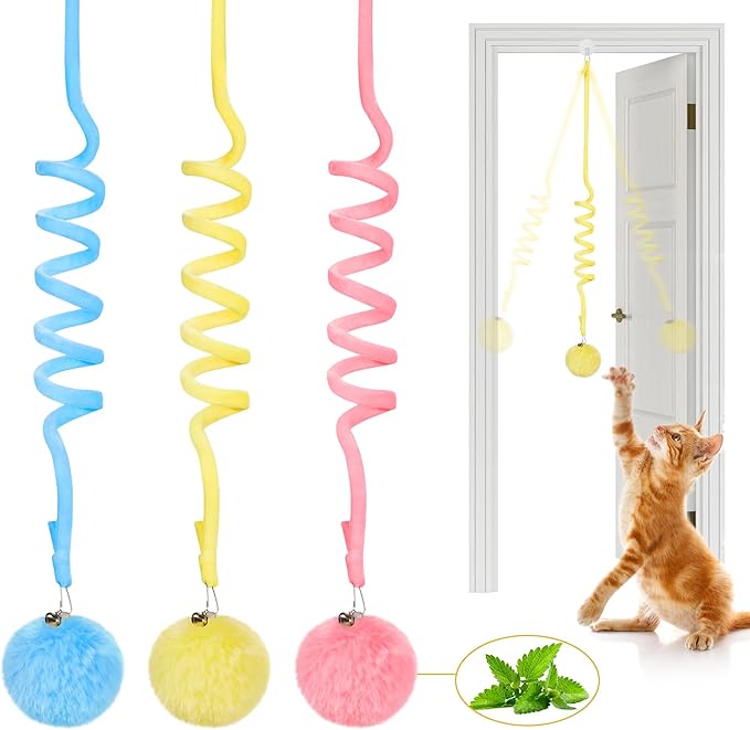 Potaroma Hanging Fluffy Cat Catnip Ball Toys 3 Pcs with Bell, Interactive Cat Teaser Retractable, Cat Toys Indoor Kitten Play Chase Exercise Physical Stimulation