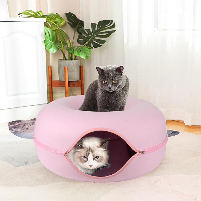 Cat Tunnel Bed, Cat Cave Bed ，Beds for Indoor Cats - Large Cat House for Pet Cat Cave ，Detachable Round Felt & Washable Interior Cat Play Tunnel for Small Pets (24 Inch, Pink)