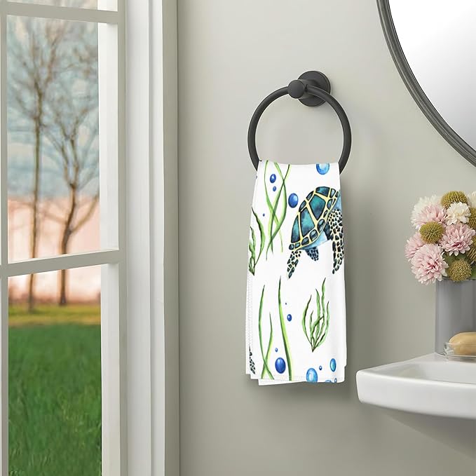 Sea Turtles Bath Hand Towels for Bathroom Decorative,Seaweed Bubbles Soft Absorbent Hand Towels for Kitchen Home Gym Beach 16"x24"