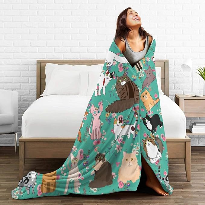 Cat Gifts Blanket 50"X40" Bed Throw Blanket Soft Lightweight Cozy Warm Blankets for Kids Teens Men Women