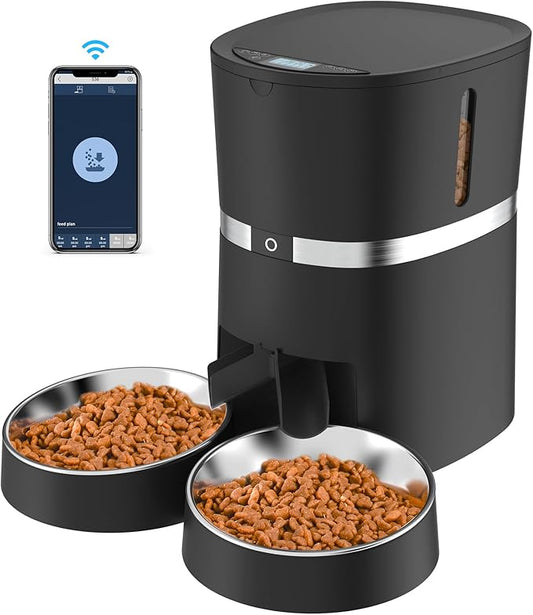 Smart Cat Feeder, WellToBe Automatic Cat Feeder WiFi Enable Pet Dog Food Dispenser App Control for Cat&Dog with Two-Way Splitter and Two Bowls, Voice Recorder Distribution Alarms, Portion Control