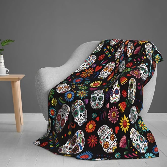 Day of The Dead Sugar Skull Blanket Throw 80"X60", Cozy Lightweight Plush Skull Print Blanket, Gifts for Kids Adults