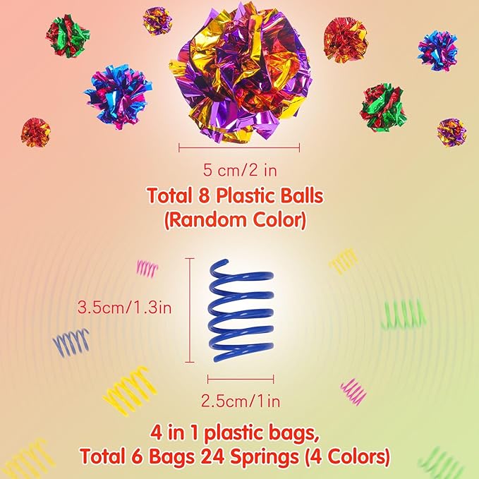 SEVENKA Cat Toys 8 Pcs Color Crinkle Balls and 24 Spring Toys, 2in/5cm Cat Toy Balls, Kitten Toys, Plastic Spiral Springs for Cat Swatting, Biting, Hunting, Active Healthy Play