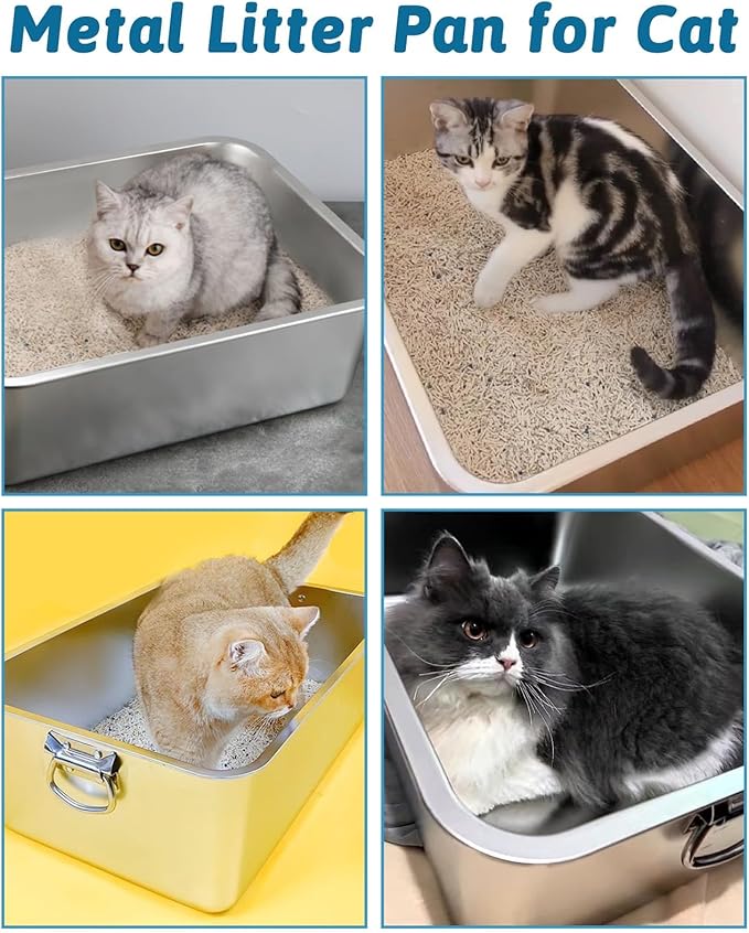BNOSDM Cat Litter Box Stainless Steel, Metal Cat Litter Pan with Handles (17.7'' x 14'' x 6'') Rustproof High Sides Cats Toilet with Litter Sifting Scoop for Cats Rabbits