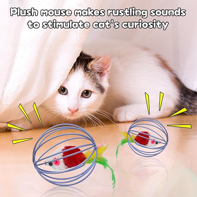 Cat Interactive Toys, Metal Cage with Colourful Plush Mouse Toys, Kitten Teething Toys, Cat Chew Toys, Cat Indoor Exercise Toys Ball, 1PCS Random Color