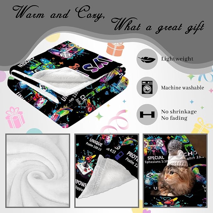CIUGOIG Christian Gifts for Men Boys, God Says I Am Gamer Blanket 50"x60", Inspirational Religious Birthday Gifts for Game Lover Bible Verse Blanket, Gaming Gifts for Gamer, Christian Game Gifts