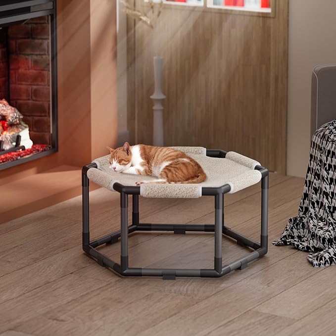Tresbro Cat Bed, Hexagon Warm Elevated Cat Bed with Thick Teddy Velvet & Anti-Slip Pads, Raised Cat Hammock Bed for Indoor and Outdoor Use, 23.6'' x 10.6'' x 12'' Cat Hammock for Large to Small Cats