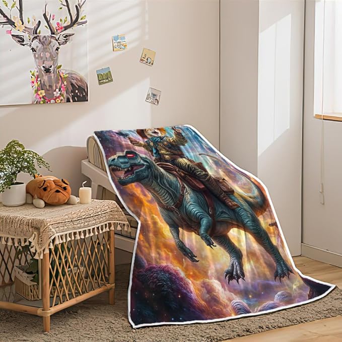 Cute Cat Dinosaur Blanket, Farmhouse Cool Cat Riding Dino in Blue Galaxy Space Rainbow Fleece Throw, Cozy Flannel Warm Soft Lightweight Fuzzy Blankets for Boys Girls Teens Women for Bed Sofa Couch