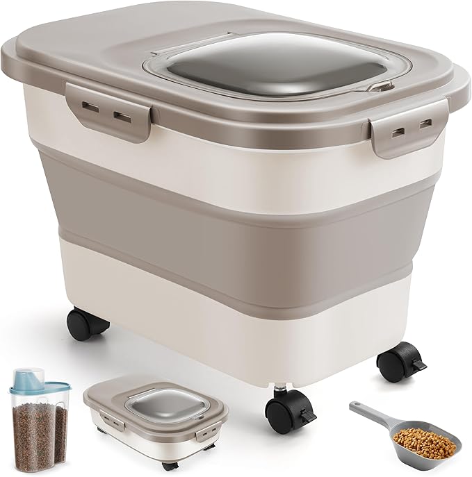ANVS Dog Food Storage Container - Up to 20lbs Collapsible Dog Food Container with Casters, Scoop and 2.5L Small Pet Food Container to Keep Dry Pet Food Fresh (Khaki)