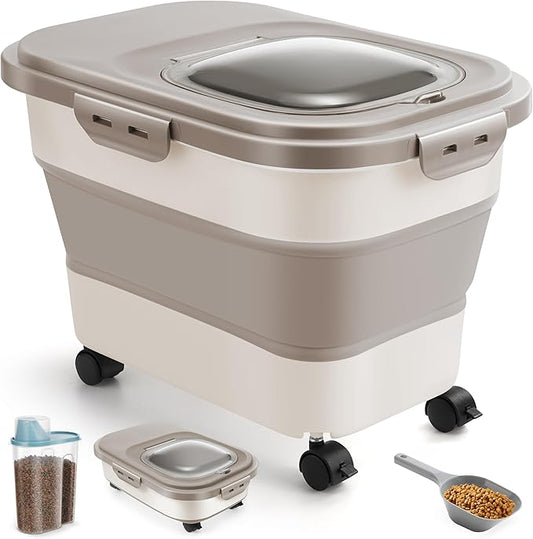 ANVS Dog Food Storage Container - Up to 20lbs Collapsible Dog Food Container with Casters, Scoop and 2.5L Small Pet Food Container to Keep Dry Pet Food Fresh (Khaki)