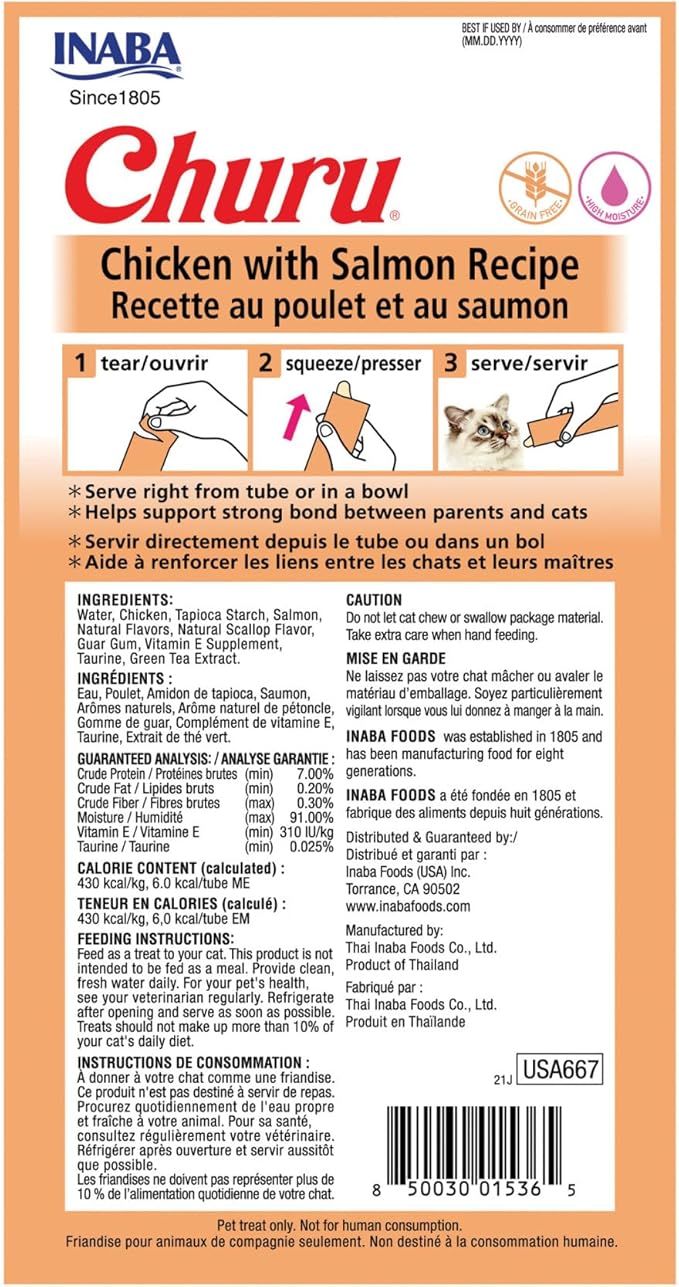 INABA Churu Cat Treats, Grain-Free, Lickable, Squeezable Creamy Purée Cat Treat/Topper with Vitamin E & Taurine, 0.5 Ounces Each Tube, 24 Tubes (4 per Pack), Chicken with Salmon Recipe