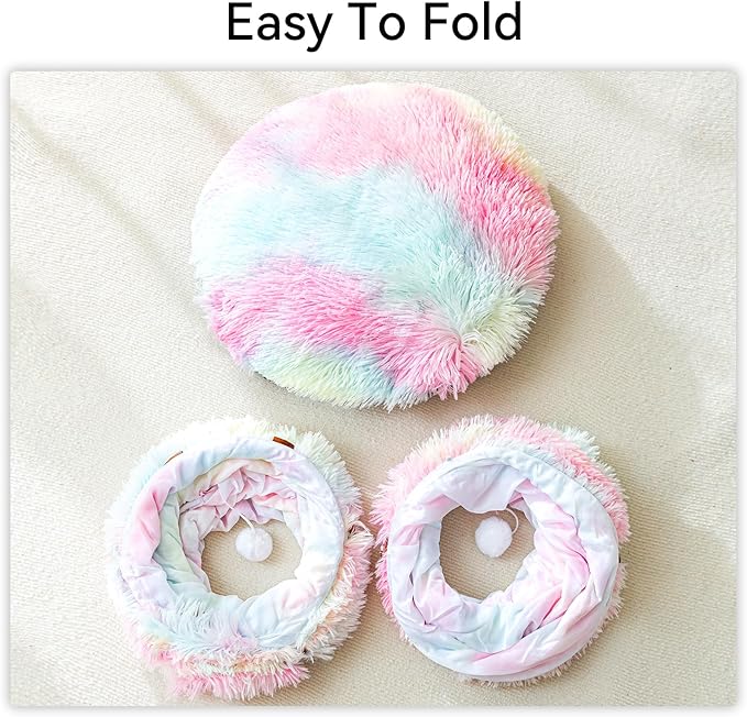 HIPIPET Winter Plush Cat Tunnel with Cat Bed for Indoor Cats,Multifunctional Cat Toys for Small Medium Large Cat. (Rainbow)