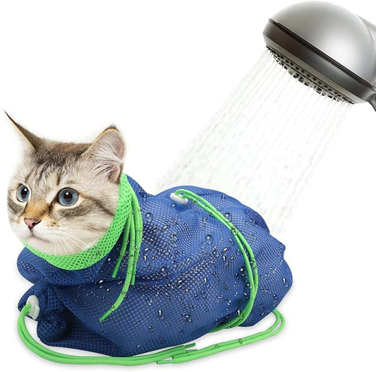 Cat Bathing Bag, Breathable Mesh Cat Shower Bag Anti Scratch Adjustable Cat Grooming Bag for Nail Trimming, Bathing Polyester Soft Cat Washing Bag (Blue-Green)
