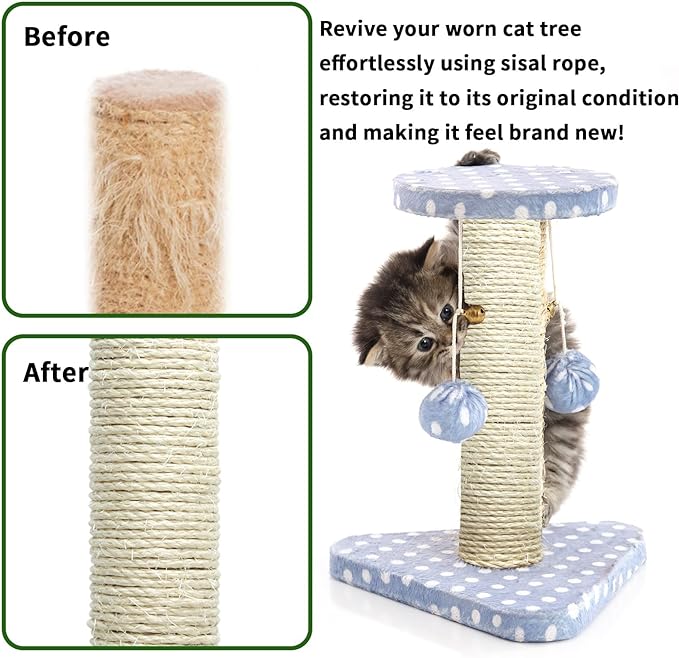 White Sisal Rope 1/4 Inch by 98-Feet for Cat Scratching Post Tree Tower Replacement Repair and Replace, DIY Hemp Twine Rope for Kittens Shelves Furniture Window Bed Perch House Climbing, 6mm by 30m