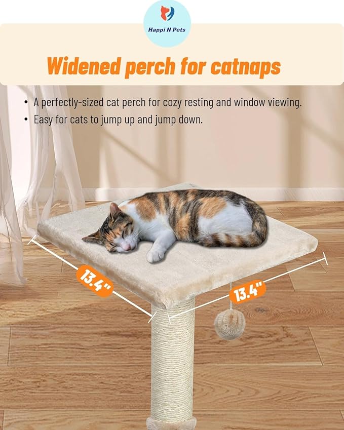 Happi N Pets 26" Cat Scratching Post with Perch, Natural Sisal Scratchers Trees for Indoor Cats, Featuring with Hanging Balls & Cozy Cat Bed, Stable Cat Scratch Posts for Kittens-Beige