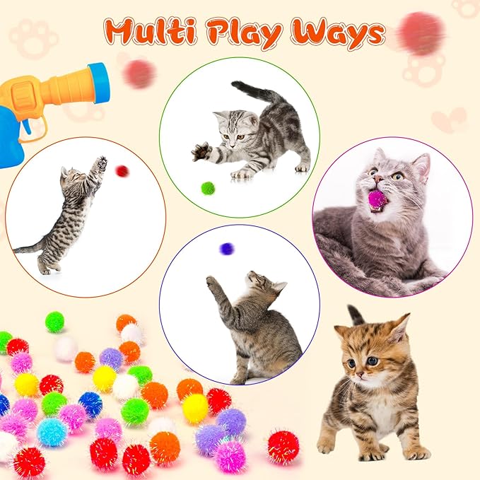 BooTaa Pet Toys, Interactive Cat Toy Set, 80pcs Glitter Pom-Poms Cat Ball Toy with 1 Launcher, Safe Soft Cat Toy Balls for Fetch, Training, Playing