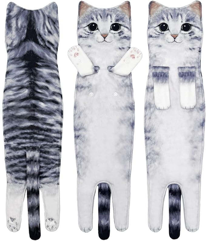 Hand Towels for Bathroom Kitchen,Cute Cat Quick-Dry Hanging Hand Towels Decorative for Bathroom Face Towels,Funny Gifts for Cat Lovers (Grey)