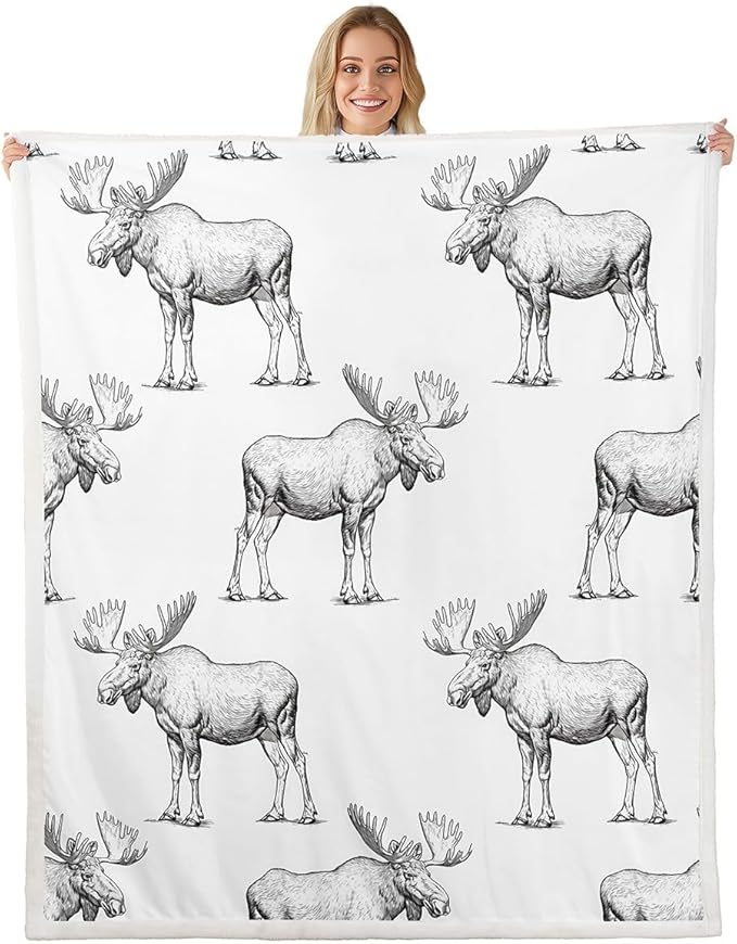 Feelyou Moose Fleece Sherpa Blanket - Wild Animal Theme for Chair, Sofa, Couch - Cartoon Plush Throw - Breathable Gray Wildlife Style Fuzzy Room Decor - Queen 90"x90"