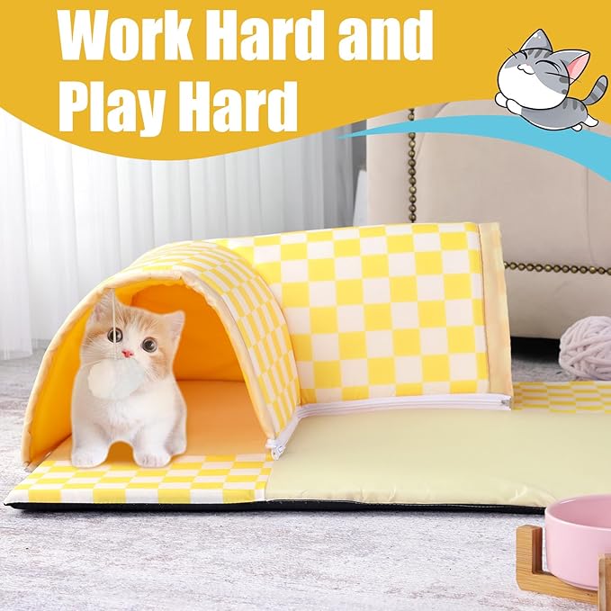 Plush Cat Donut Tunnel Bed for Indoor Cats，Waterproof Soft Peekaboo Cat Cave,Fuzzy Cat Tunnels with 2 Hanging Cat Ball Toys,Machine Washable Small Cat Bed,Warm & Cozy Pet Beds for Kitten,Yellow