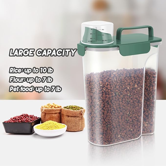 10lbs Cat Dog Storage Container Portable with Upgraded Large Spout and Cup,Plastic Pet Food Dispenser BPA-Free for Small Animal Kibble,Bird Seed,Oatmeal,Rice,flour,brown sugart-2 Set Royal Green