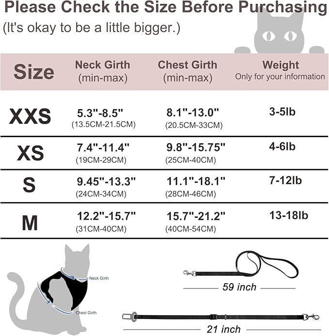 Cat Harness and Leash for Walking, Retractable Cat Harnesses and Leash Set Escape Proof, Breathable Soft Kitten Harness Small Large Cat Harness for Travel Training and Walking, Black, M