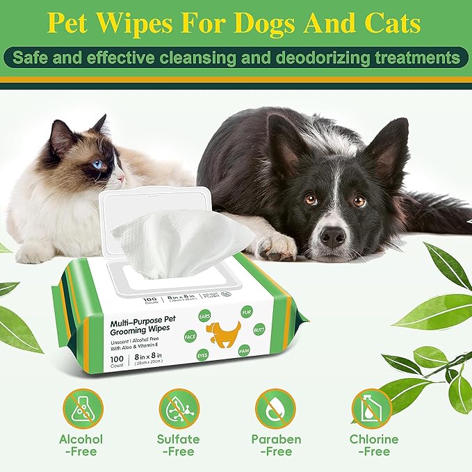 100 Unscented Extra Thick Dog Wipes for Paws and Butt Puppy Wipes for Dogs Face and Body Dog Wipes Cleaning Deodorizing Cat Wipes Cleaning Fur and Butt Doggie Wipes Doggy Wipes 8 Glove Wipes Included