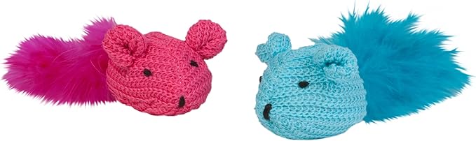Boss Pet Chomper Kylie's Brites 2-Piece Knit Mouse Toy with Feather for Pets, Assorted Colors