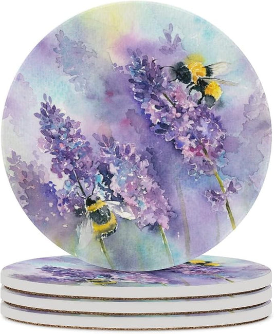Bee Lavender Coasters for Drinks, Set of 4, 4 Inch Absorbent Diatomite Ceramics Coasters with Cork Base, Tabletop Protection, Suitable for Dining Tables, Desks, Restaurants, Cafes