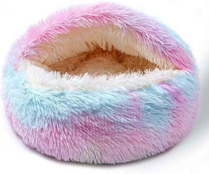 Cat Bed Calming Cat Beds,Indoor Washable Cat Bed，Anti-Slip Faux Fur Fluffy Cuddler Anxiety Cat Bed,Warming Cuddler Cushion Bed for Small Medium Dogs and Cats (Dazzling colors, 20*20inch)