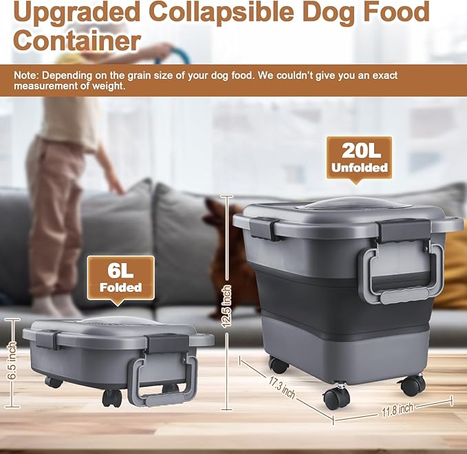 Dog Food Storage Container，10-20 lbs Airtight Collapsible Cat Food Storage Container with Attachable Wheels, Portable Handle, Dog Food Scoop for Dog Cat Bird Pet Dry Food Storage Bin Medium Pack of 2