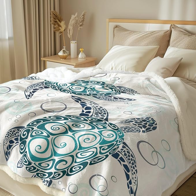 Sleepwish Sea Turtle Fleece Throw Blanket for Kids Soft Plush Aqua Blue Tortoise Sherpa Blanket for Couch Sofa Gift for Turtle Lovers, Throw (50" X 60")