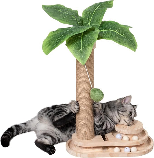 MEOWOOU Cat Scratching Post Cat Toys for Indoor Cats Cat Scratcher Kitten Toys 17.7in Scratch Post for Indoor Cats with Track Base & Balls Dangling Ball