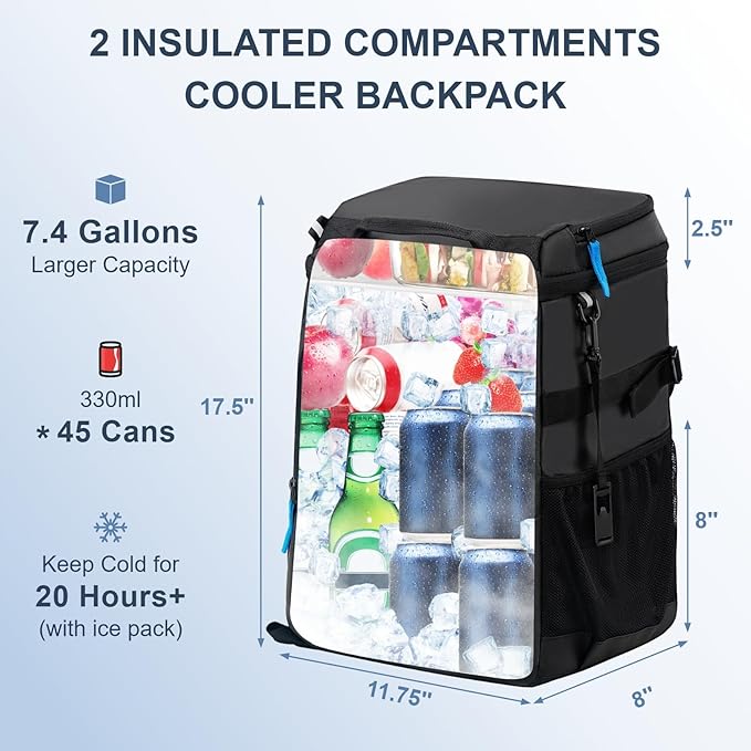Backpack Cooler Insulated Leak Proof 30/45 Cans, 2 Insulated Compartments Thermal Bag, Portable Lightweight Beach Travel Camping Lunch Backpack for Men and Women