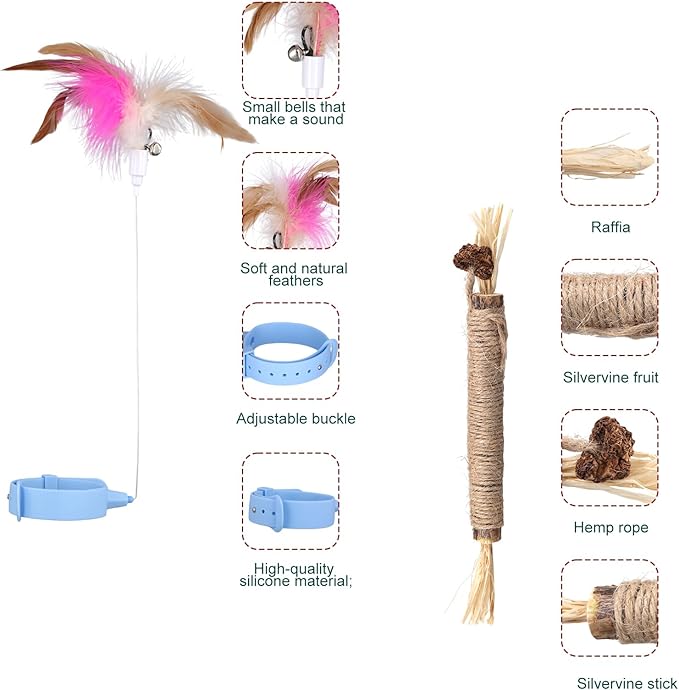 2pcs Silicone Collar Cat Toys & 3pcs Cat Teasing Wands, Adjustable Cat Wand Toy Cat Feather Toys Catnip Chew Toys Silvervine Sticks Interactive Cat Teaser Toys for Indoor Cat Kitten Exercise