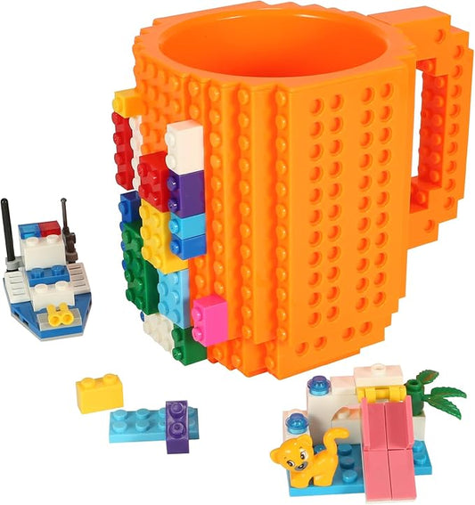 Build-on Brick Coffee Mug Funny DIY Novelty Cup with Building Blocks Creative Gift for Kids Men Women Birthday (Orange)