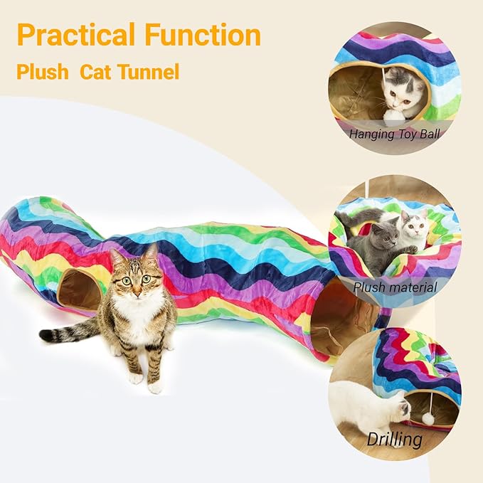 LUCKITTY Cat Tunnel - S-Shaped, Rainbow Wave Color, Soft Velvet Exterior, Oxford Fabric Fog-Proof Interior, Plush Toy Ball, Easily Washable, Conveniently Foldable, 47.2in/120cm