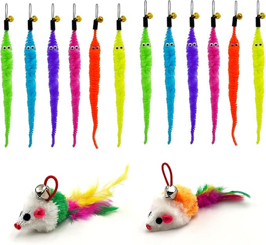 ROSAUI 14pcs Cat Feather Toys Refills Cat Wand Toy Replacement Colorful Worns Attachments, Cat Mouse Toys Refills, Cat Fishing Pole Toys for Indoor Kittens