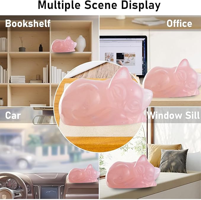 2" Sleeping Cat Statue Rose Quartz Healing Crystals Hand Carved Cute Kitten Figurine, Worry Stone for Anxiety Relif Home Desk Decor Animal Figurine