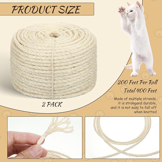 2 Sisal Rope for Cat Scratcher 1/4" x 400' in Total Cat Tree Rope Cat Scratching Post Rope Replacement Parts DIY Hemp Twine for Kitten Shelves Boards Furniture Indoor Cats Tower Carpet, White